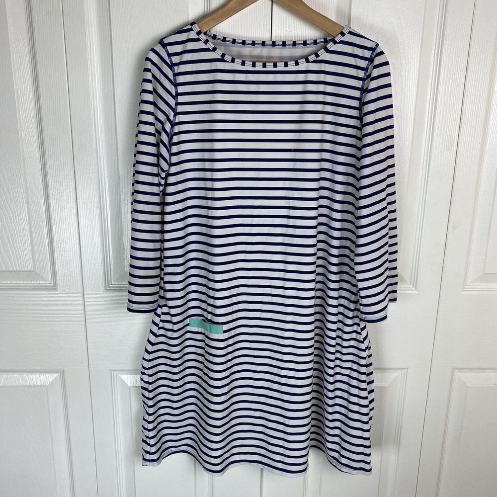 Cabana Life M Stripe Dress Shift Knee Length UPF 50+ Blue Long Sleeve Nylon